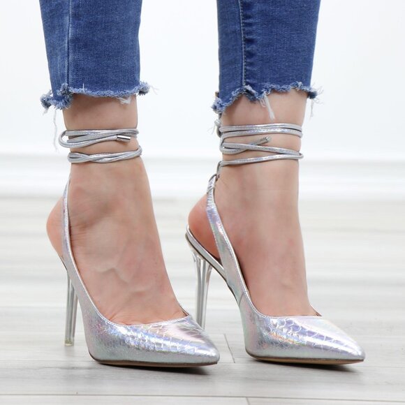 Holograpic Ankle Lace Strap Pointy Toe High Heel - Picture 2 of 16